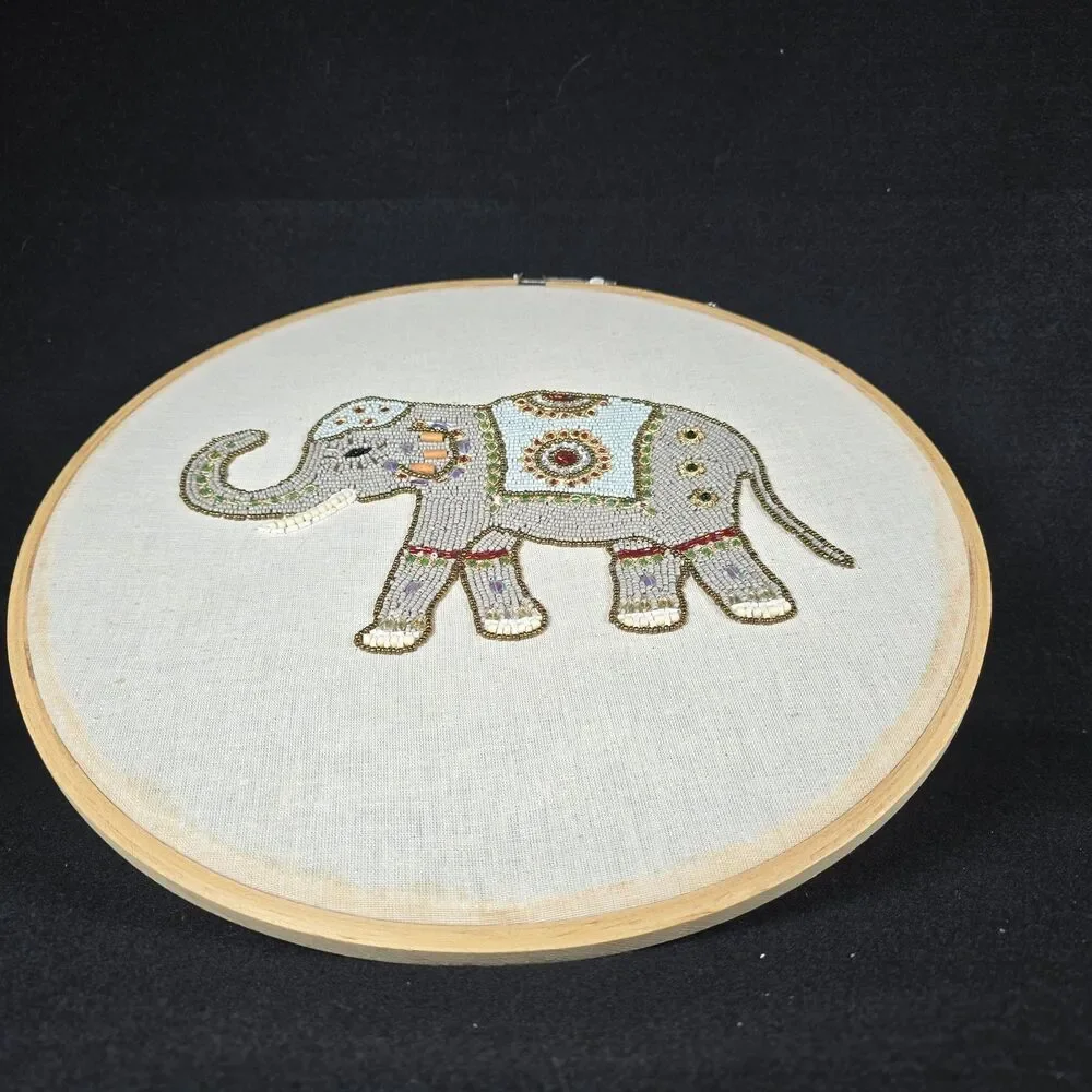 Boho Elephant Wall Art Embroidery Hoop Beaded Hanging Decor 14.5
